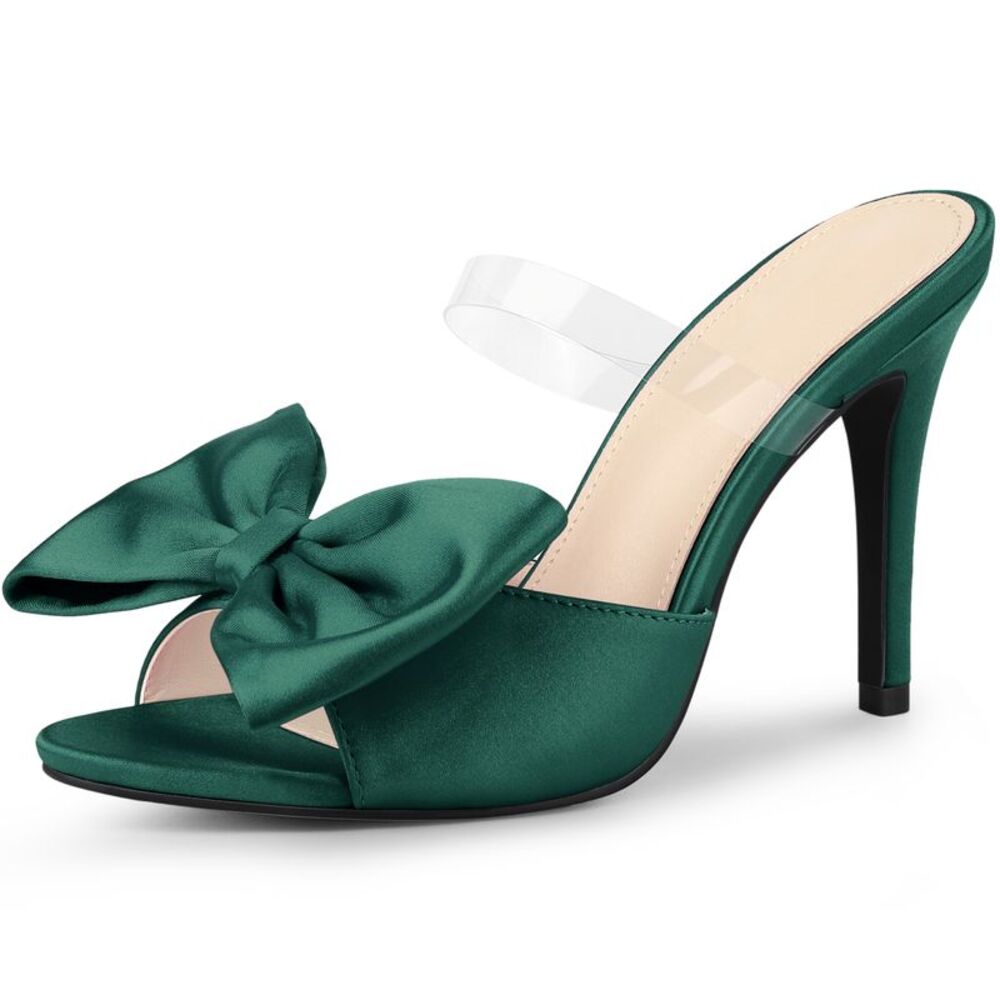Clear Strap Bow Stiletto Heels Mules Slide Sandals Dark Green